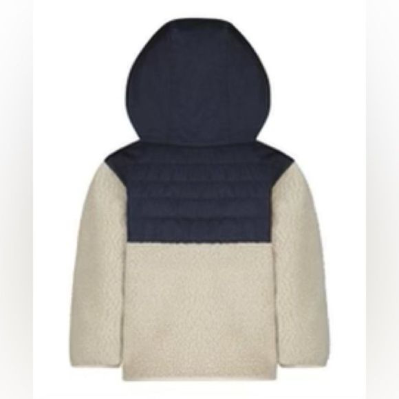 London Fog Dark Blue & Cream Color-Block Puffer-Panel Sherpa Hooded Pullover - Picture 2 of 14